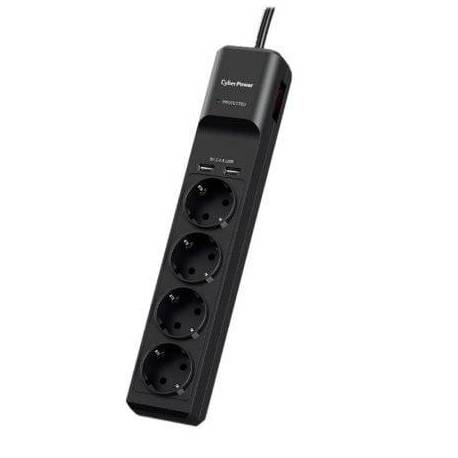 REGLETA CON INTERRUPTOR CYBERPOWER P0420SUD0-DE/ 4 TOMAS DE CORRIENTE/ 2 USB/ CABLE 1.8M/ NEGRA