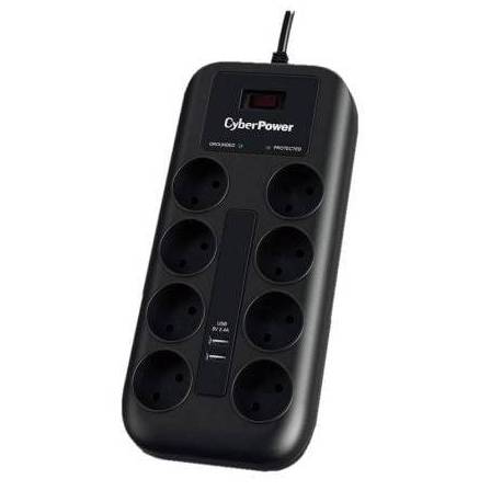 REGLETA CON INTERRUPTOR CYBERPOWER P0820SUD0-DE/ 8 TOMAS DE CORRIENTE/ 2 USB/ CABLE 1.8M/ NEGRA