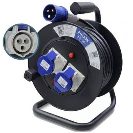 REGLETA ENROLLABLE PHASAK BN 3475/ 2 ENCHUFE INDUSTRIAL 2P+TT/ CABLE 25M/ NEGRO Y AZUL