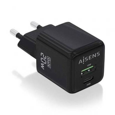 CARGADOR DE PARED GAN AISENS ASCH-20W2P011-BK/ 1XUSB TIPO-C/ 1XUSB/ 20W