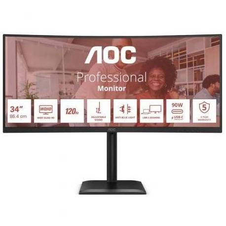 MONITOR PROFESIONAL ULTRAPARONÁMICO CURVO AOC CU34E4CV 34'/ WQHD/ MULTIMEDIA/ REGULABLE EN ALTURA/ NEGRO