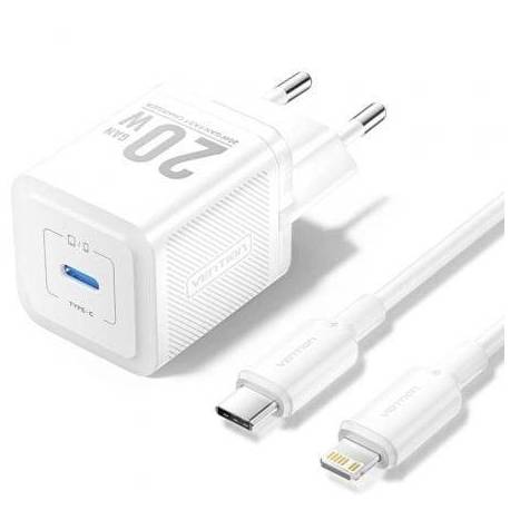 CARGADOR DE PARED GAN VENTION TZ-FEPW0-EU-02/ 1XUSB TIPO-C + CABLE LIGHTNING/ 20W