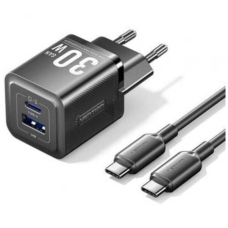 CARGADOR DE PARED GAN VENTION TZ-FEQB0-EU-01/ 1XUSB TIPO-C/ 1XUSB + CABLE USB TIPO-C/ 30W