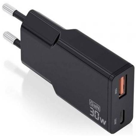 CARGADOR DE PARED GAN AISENS ASCH-30W2P047-BK/ 1XUSB TIPO-C/ 1XUSB/ 30W/ NEGRO