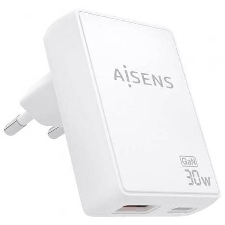 CARGADOR DE PARED GAN AISENS ASCH-30W2P074-W/ 1XUSB TIPO-C/ 1XUSB/ 30W/ BLANCO