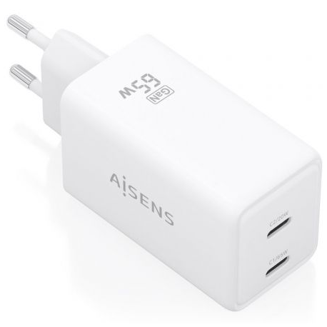 CARGADOR DE PARED GAN AISENS ASCH-65W2P078-W/ 2XUSB TIPO-C/ 65W/ BLANCO