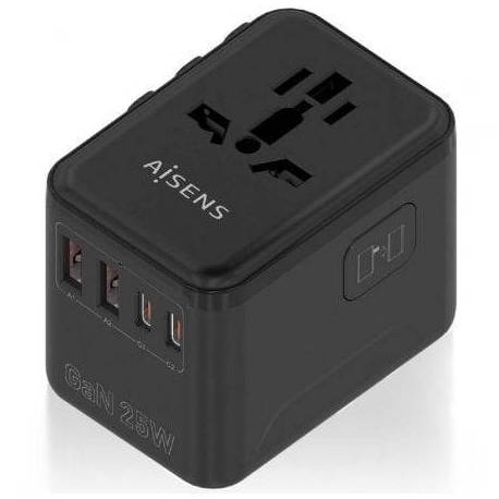 CARGADOR DE PARED UNIVERSAL GAN PARA VIAJE AISENS ASPS-2A2C08-BK/ TOMA DE CORRIENTE UNIVERSAL/ 2XUSB TIPO-C/ 2XUSB/ 25W