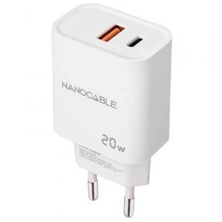 CARGADOR DE PARED NANOCABLE 10.10.2007/ 1XUSB/ 1XUSB TIPO-C/ 20W/ BLANCO