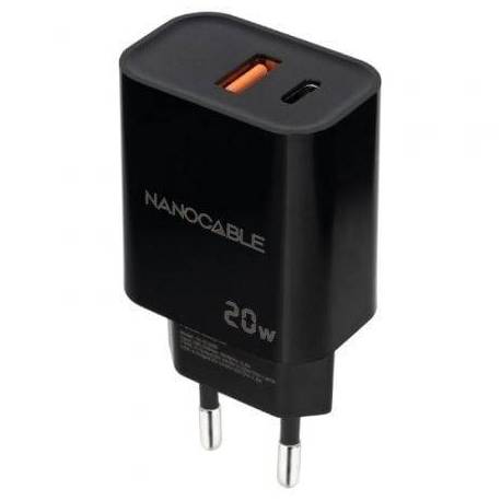 CARGADOR DE PARED NANOCABLE 10.10.2008/ 1XUSB/ 1XUSB TIPO-C/ 20W/ NEGRO
