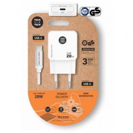 CARGADOR DE PARED TECH ONE TECH TEC2221/ 1XUSB TIPO-C + CABLE USB TIPO-C/ 20W/ BLANCO