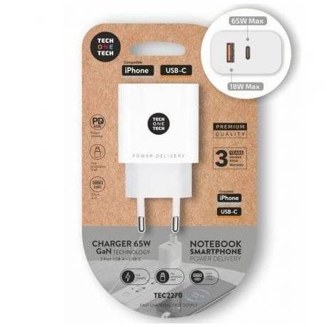 CARGADOR DE PARED GAN TECH ONE TECH GAN TEC2270/ 1XUSB TIPO-C/ 1XUSB/ 65W/ BLANCO