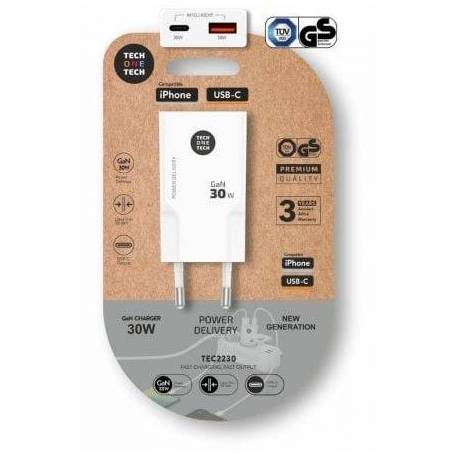 CARGADOR DE PARED GAN TECH ONE TECH GAN TEC2230/ 1XUSB TIPO-C/ 1XUSB/ 30W/ BLANCO