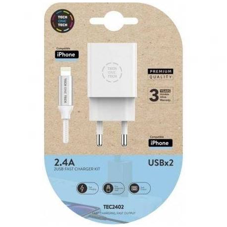 CARGADOR DE PARED TECH ONE TECH TEC2402/ 2XUSB + CABLE LIGHTNING/ 12W/ BLANCO