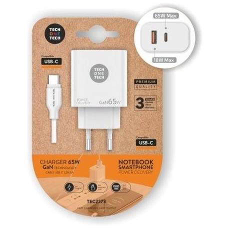 CARGADOR DE PARED GAN TECH ONE TECH PD TEC2273 / 1XUSB TIPO-C/ 1XUSB/ 65W