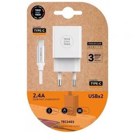 CARGADOR DE PARED TECH ONE TECH TEC2403/ 2XUSB + CABLE USB TIPO-C/ 12W/ BLANCO