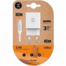 CARGADOR DE PARED TECH ONE TECH TEC2403/ 2XUSB + CABLE USB TIPO-C/ 12W/ BLANCO