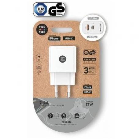 CARGADOR DE PARED TECH ONE TECH TEC2412/ 1XUSB TIPO-C/ 1XUSB/ 12W/ BLANCO