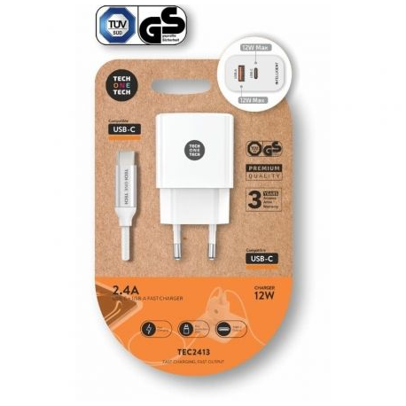 CARGADOR DE PARED TECH ONE TECH TEC2413/ 1XUSB TIPO-C/ 1XUSB + CABLE USB TIPO-C/ 12W/ BLANCO
