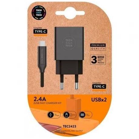 CARGADOR DE PARED TECH ONE TECH TEC2423/ 2XUSB + CABLE USB TIPO-C/ 12W/ NEGRO