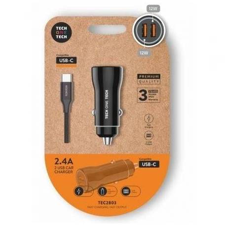 CARGADOR DE COCHE TECH ONE TECH TEC2803/ 2XUSB + CABLE USB TIPO-C/ 12W