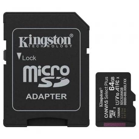 TARJETA DE MEMORIA KINGSTON CANVAS SELECT PLUS 64GB MICROSD XC CON ADAPTADOR/ CLASE 10/ 100MBS