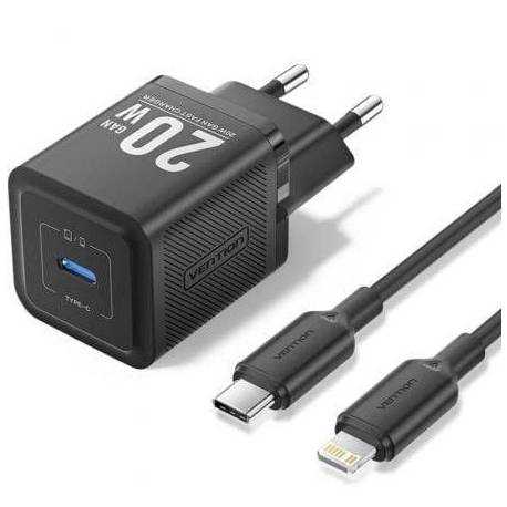 CARGADOR DE PARED GAN VENTION TZ-FEPB0-EU-02/ 1XUSB TIPO-C + CABLE LIGHTNING/ 20W