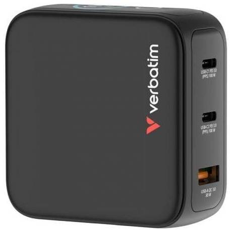 CARGADOR DE PARED UNIVERSAL GAN PARA VIAJE VERBATIM MINI GAN CHARGER CON PANTALLA/ 2XUSB TIPO-C/ 1XUSB/ 100W
