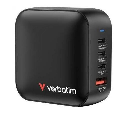 CARGADOR DE PARED UNIVERSAL GAN PARA VIAJE VERBATIM MINI GAN WALL CHARGER/ 3XUSB TIPO-C/ 1XUSB/ 100W