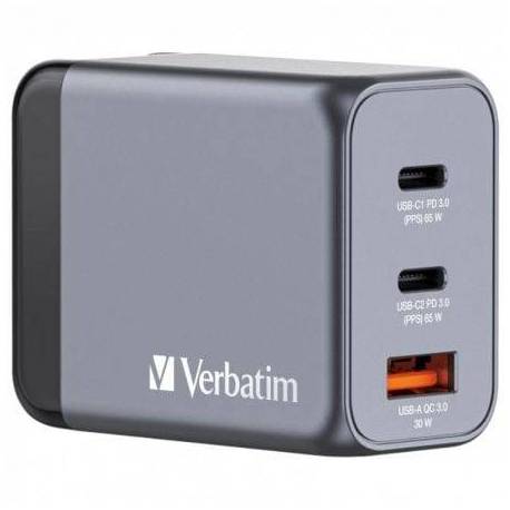 CARGADOR DE PARED UNIVERSAL GAN PARA VIAJE VERBATIM GNC-65/ 2XUSB TIPO-C/ 1XUSB/ 65W