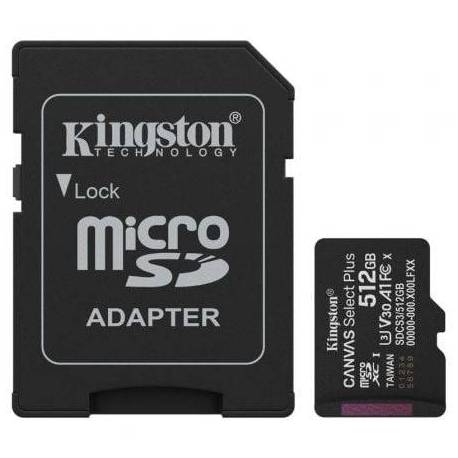 TARJETA DE MEMORIA KINGSTON CANVAS SELECT PLUS 512GB MICROSD XC CON ADAPTADOR/ CLASE 10/ 150MBS
