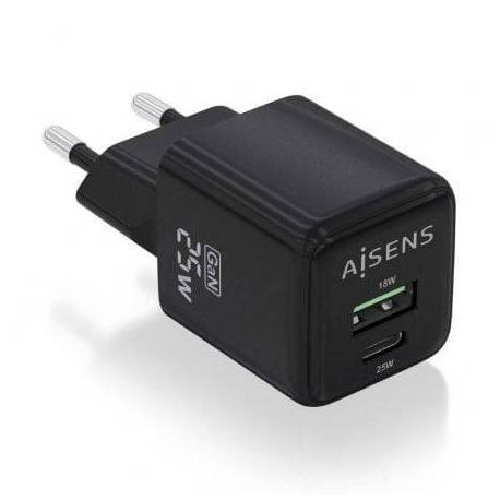 CARGADOR DE PARED GAN AISENS ASCH-25W2P015-BK/ 1XUSB TIPO-C/ 1XUSB/ 25W