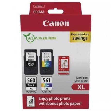CARTUCHO DE TINTA ORIGINAL CANON PG-560XL + CL-561XL MULTIPACK ALTA CAPACIDAD/ NEGRO/ TRICOLOR + PAPEL FOTOGRÁFICO