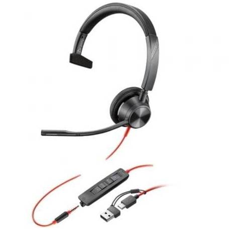 AURICULAR POLY BLACKWIRE 3315 PARA MICROSOFT TEAMS + ADAPTADOR USB-C/A/ CON MICRÓFONO/ JACK 3.5/ NEGRO