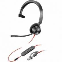 AURICULAR POLY BLACKWIRE 3315 PARA MICROSOFT TEAMS + ADAPTADOR USB-C/A/ CON MICRÓFONO/ JACK 3.5/ NEGRO