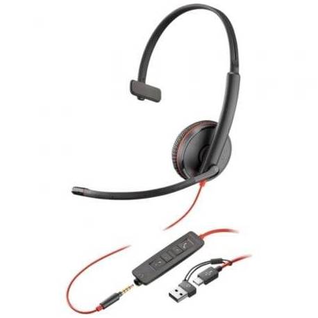 AURICULAR POLY BLACKWIRE 3215 + 3.5MM + ADAPTADOR USB-C/A/ CON MICRÓFONO/ JACK 3.5 - USB TIPO-C/ BULK/ NEGRO