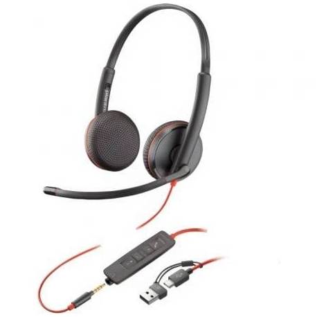AURICULARES POLY BLACKWIRE 3225 + 3.5 MM + ADAPTADOR USB-C/A/ CON MICRÓFONO/ JACK 3.5 - USB TIPO-C/ BULK/ NEGROS