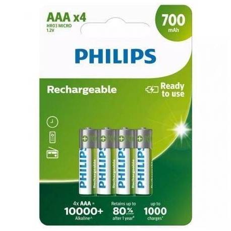PACK DE 4 PILAS AAA PHILIPS R03B4A70/10/ 1.2V/ RECARGABLES