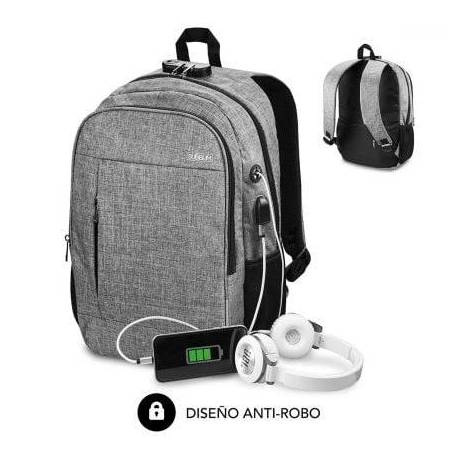 MOCHILA SUBBLIM URBAN LOCK PARA PORTÁTILES HASTA 16'/ PUERTO USB/ ANTIRROBO/ GRIS